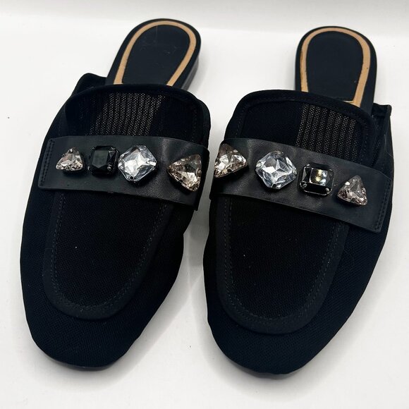 STRADIVARIUS Black Mesh, Low Heel, Jeweled Slip-On Shoe! Size 7, UK 38 - Picture 1 of 6